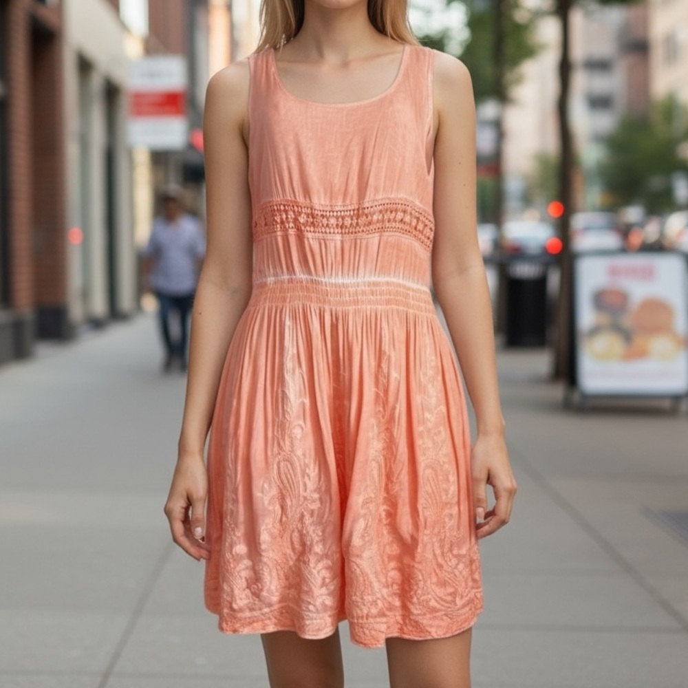 Boho Hippie Beach VacayDress with crochet lace detail Floral Embroidery L Peach